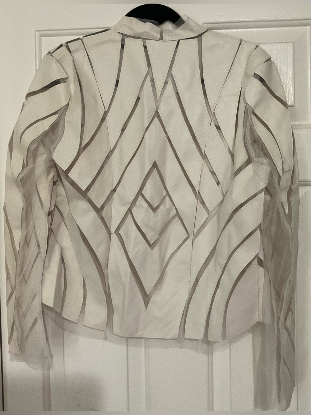 White Geometric-Striped Open Front Women's Jacket - Picture 7 of 7
